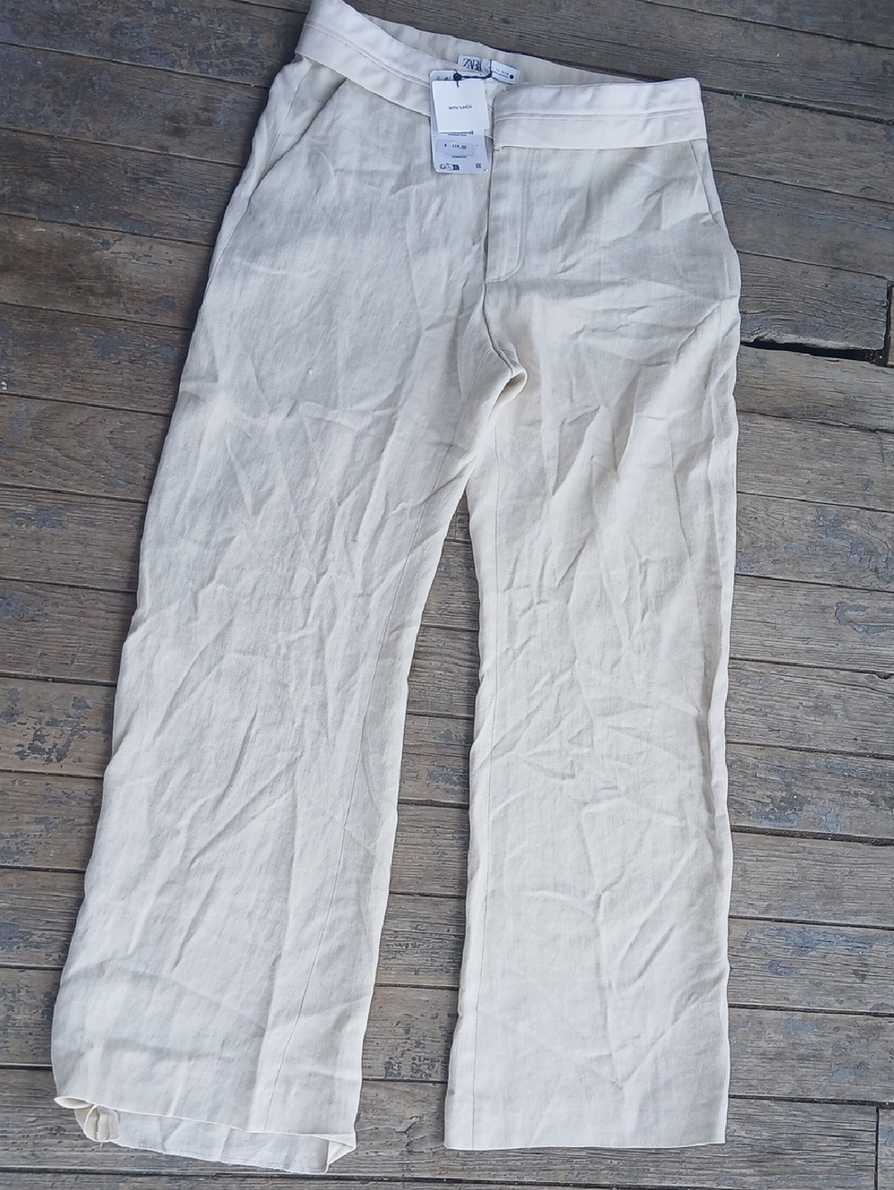 Zara High Rise Cream With Linen Wide Waist Band Wide-Leg Pants